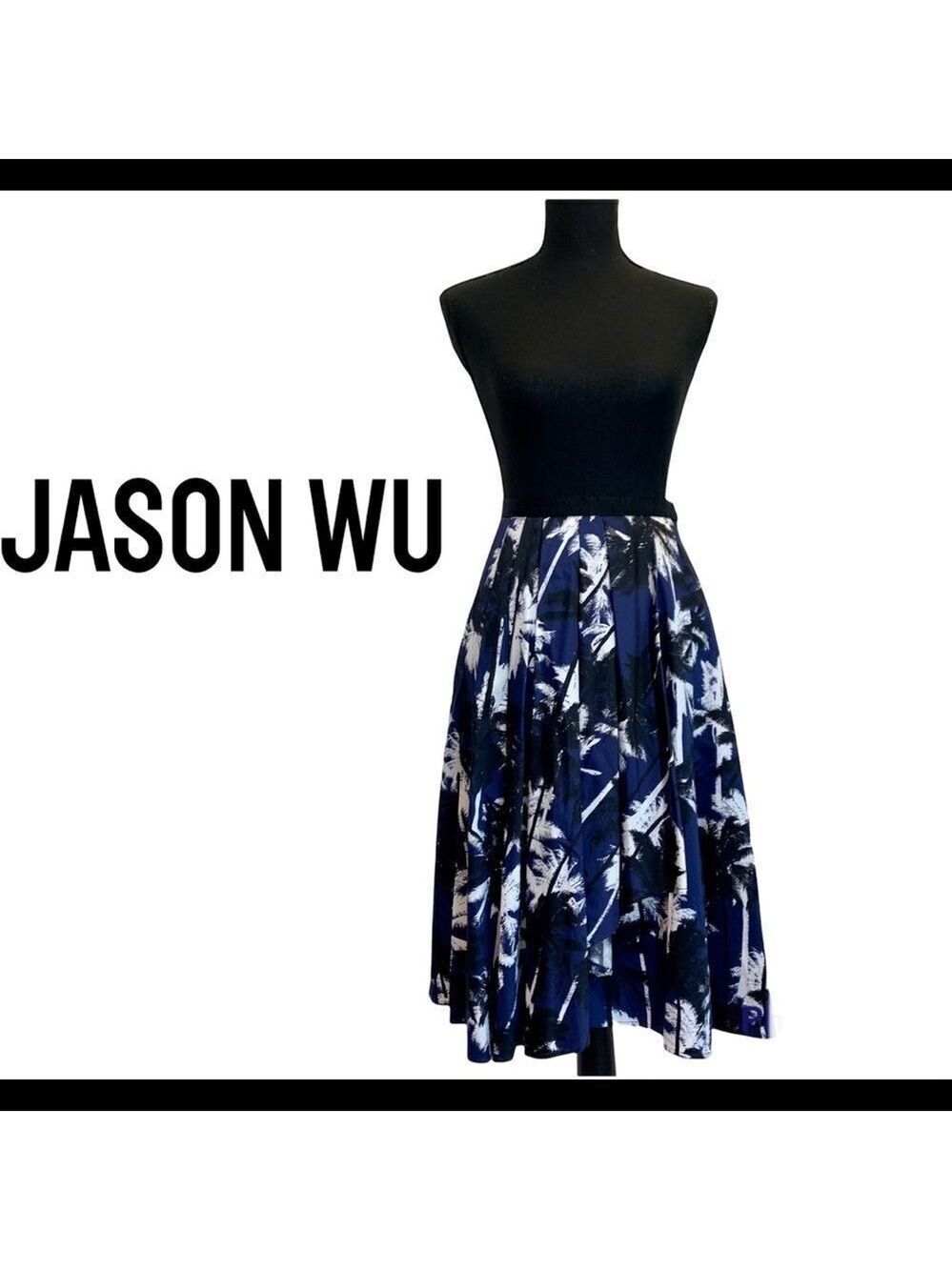 JASON Wu NWOT Blue black white floral pleated A-line knee length skirt Sz 4